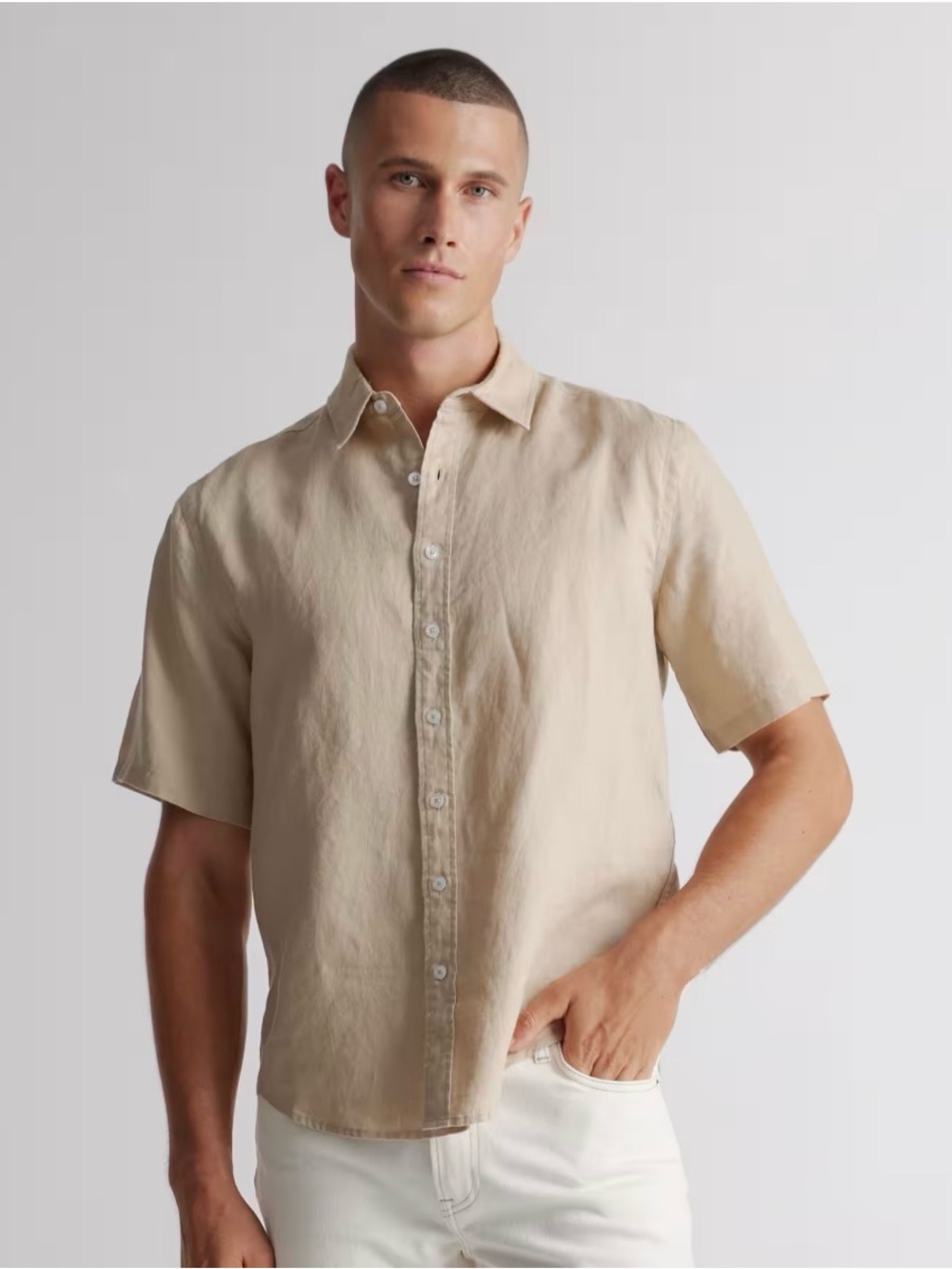 Men's Quince Casual Linen Short-Sleeve Button-Down Shirt in Light Beige